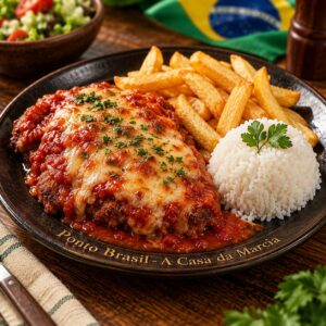 Bife à Parmegiana brasileño en Lima — también buscado como parmegiana brasil, parmigiana o parmegiana de carne. Filete de res empanizado con salsa de tomate y queso parmesano gratinado. Acompañado de arroz y papas fritas.
