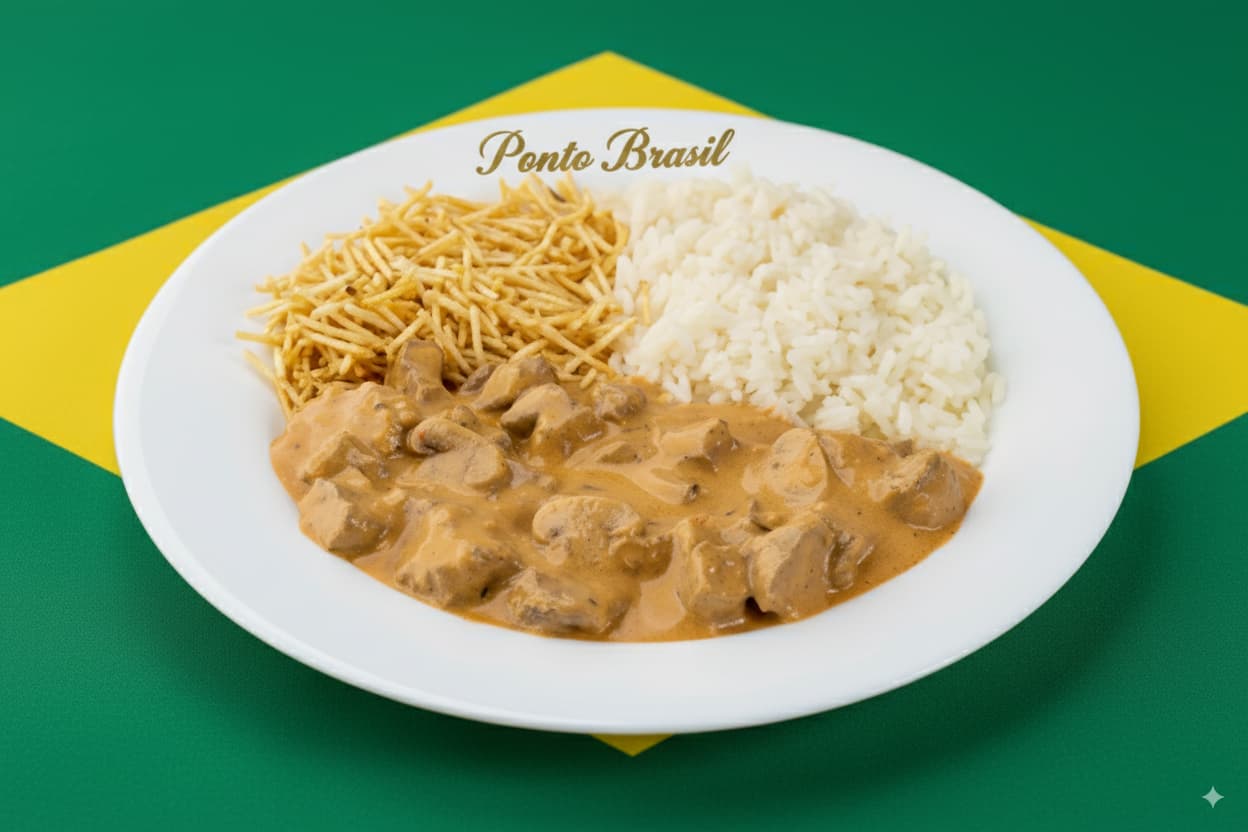 Estrogonoff de Carne cremoso con champiñones, papas al hilo y arroz – Ponto Brasil