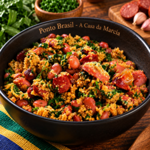 Feijão Tropeiro brasileño elaborado con frijoles salteados, farofa, huevo y carnes, siguiendo la receta tradicional de Brasil.