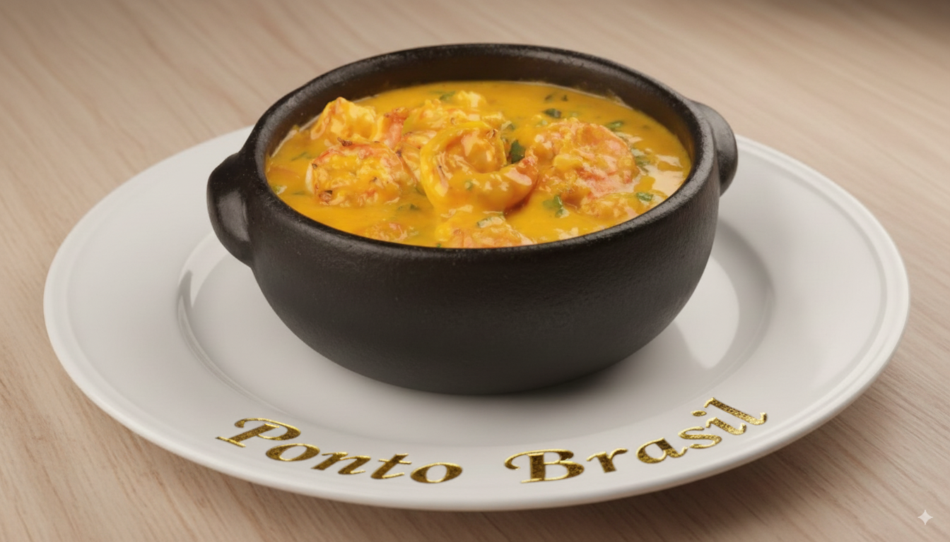 Bobó de camarão con langostinos, yuca, leche de coco y aceite de palma, acompañado con arroz y farofa