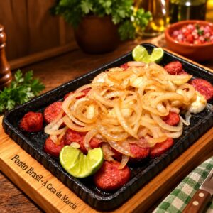 Calabresa brasileña acebolada en Lima — la auténtica calabresa ahumada con cebolla blanca y vinagreta, lista para comer. También escrita calabreza