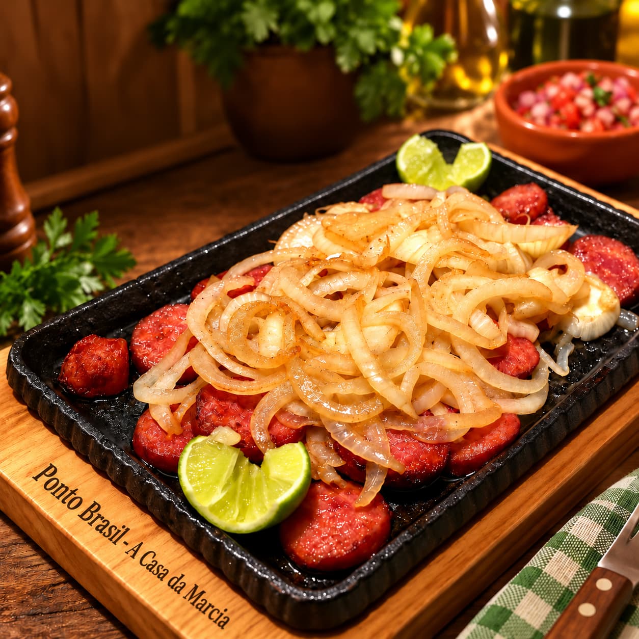 Calabresa brasileña acebolada en Lima — la auténtica calabresa ahumada con cebolla blanca y vinagreta, lista para comer. También escrita calabreza