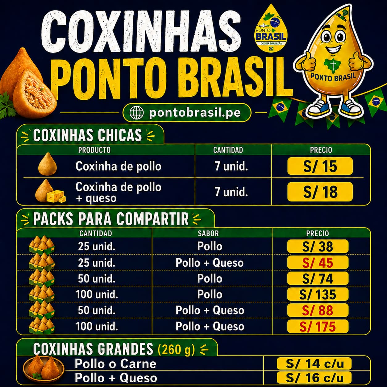 coxinhas brasileñas precios pontobrasil