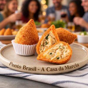 las Mini coxinhas brasileñas en Lima, doradas y crocantes por fuera, con masa suave por dentro y rellenos sabrosos. Disponibles en sabor pollo y pollo con queso, en presentaciones de 7, 25, 50 y 100 unidades, ideales para bocaditos, fiestas y eventos