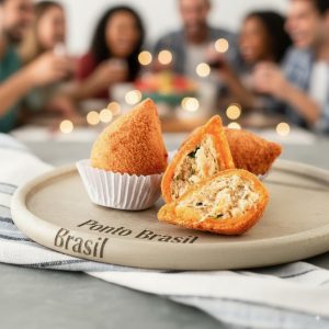 La coxinha (coshiña) es una masa que envuelve pechuga de pollo deshilachada , condimentada, empanizada en harina de yuca y frita en aceite.