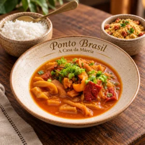 Dobradinha brasileña preparada con mondongo tierno, calabresa, tocino, garbanzos y zanahoria. Se sirve con arroz blanco y farofa.