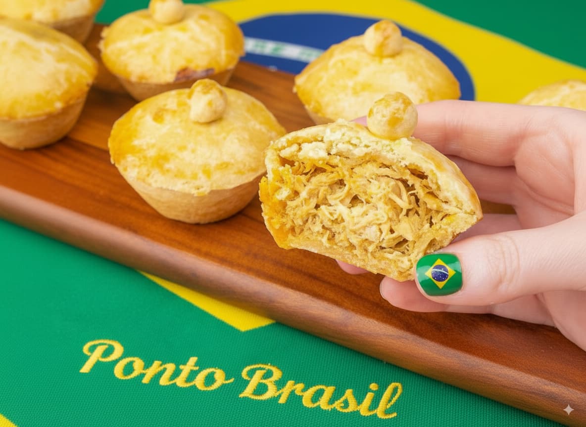 Empadinhas (50/100) Masa de harina con pollo aderezado, choclo y requesón.