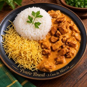 Estrogonoff brasileño de carne en Lima — también buscado como strogonoff o stroganoff. Carne en salsa cremosa con champiñones, arroz y papas al hilo.
