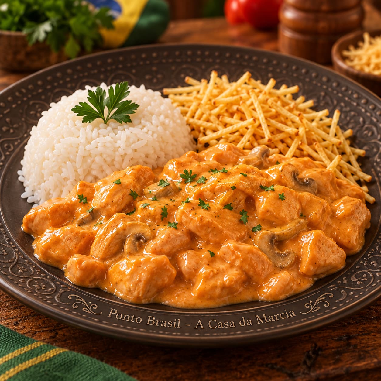 El Estrogonoff de Pollo de Ponto Brasil (Casa da Márcia) lleva trozos tiernos de pollo en una salsa cremosa con crema de leche, un toque de mostaza y champiñones que aportan profundidad
