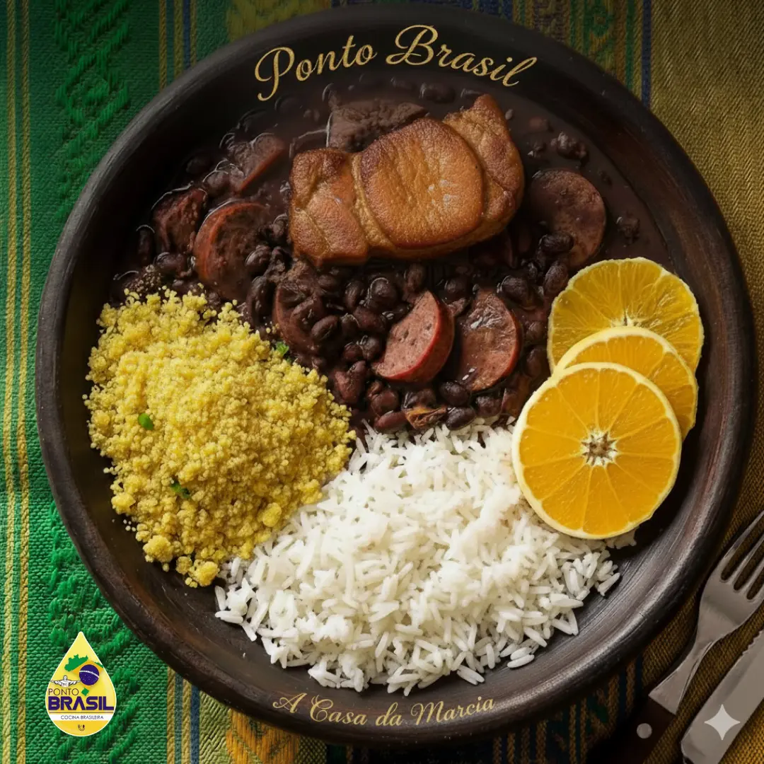 La deliciosa y auténtica Feijoada Brasileña Completa es el plato más emblemático de Brasil, preparada de forma artesanal con frejol negro, carnes seleccionadas y linguiça, acompañada de arroz graneadito, farofa, vinagreta, couve, plátano frito, torresmo y naranja fresca.