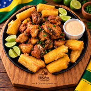 Pollo frito cortado en trozos pequeños sazonado con ajos, pimienta y sal . Acompañado con yuca. Normalmente se sirve como piqueo antes del plato de fondo . Peso total 480 gr. aprox.