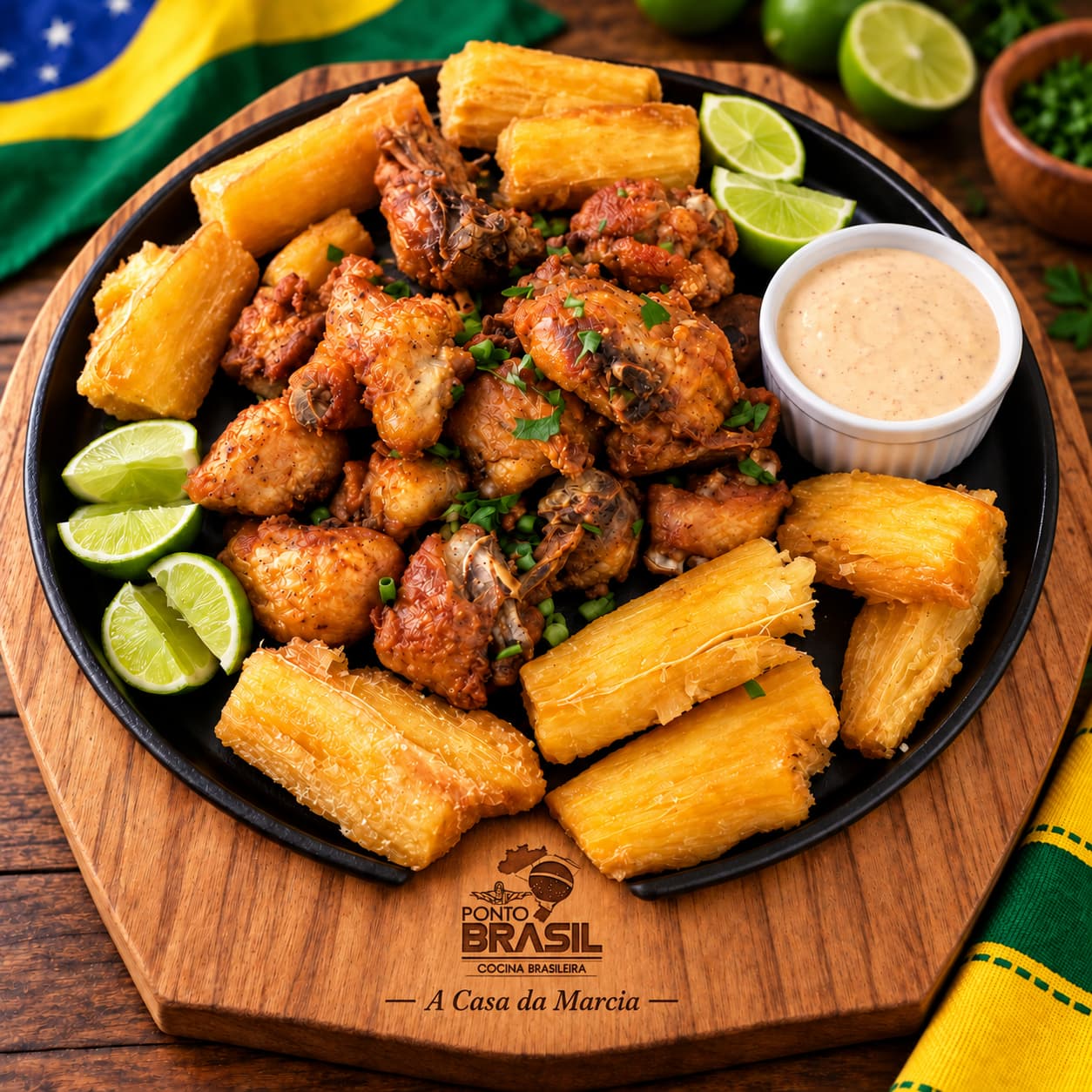 Pollo frito cortado en trozos pequeños sazonado con ajos, pimienta y sal . Acompañado con yuca. Normalmente se sirve como piqueo antes del plato de fondo . Peso total 480 gr. aprox.
