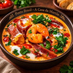 Moqueca Cocido de pescados elaborado con cebollas, pimiento, tomate, hojas de culantro y camarones. Acompaña farofa de camarones, arroz y pirao.Todo ello elaborado con aceite de palma (dendê) y leche de coco. Peso total del plato 1.7 kg