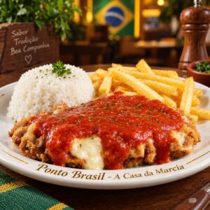 Parmegiana de pollo brasileña en Lima — también buscada como parmegiana de frango, pollo a la parmegiana o parmigiana. Pechuga de pollo empanizada con salsa de tomate y queso gratinado, al estilo brasileño. De Ponto Brasil