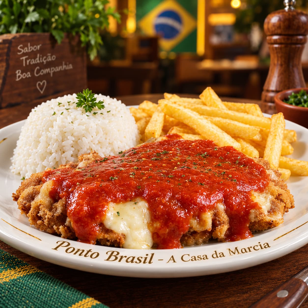 Parmegiana de pollo brasileña en Lima — también buscada como parmegiana de frango, pollo a la parmegiana o parmigiana. Pechuga de pollo empanizada con salsa de tomate y queso gratinado, al estilo brasileño. De Ponto Brasil