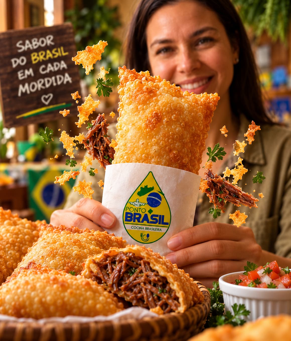 Pastel de feira en Lima, el pastel brasileño clásico de las ferias, crujiente y dorado, frito al momento.