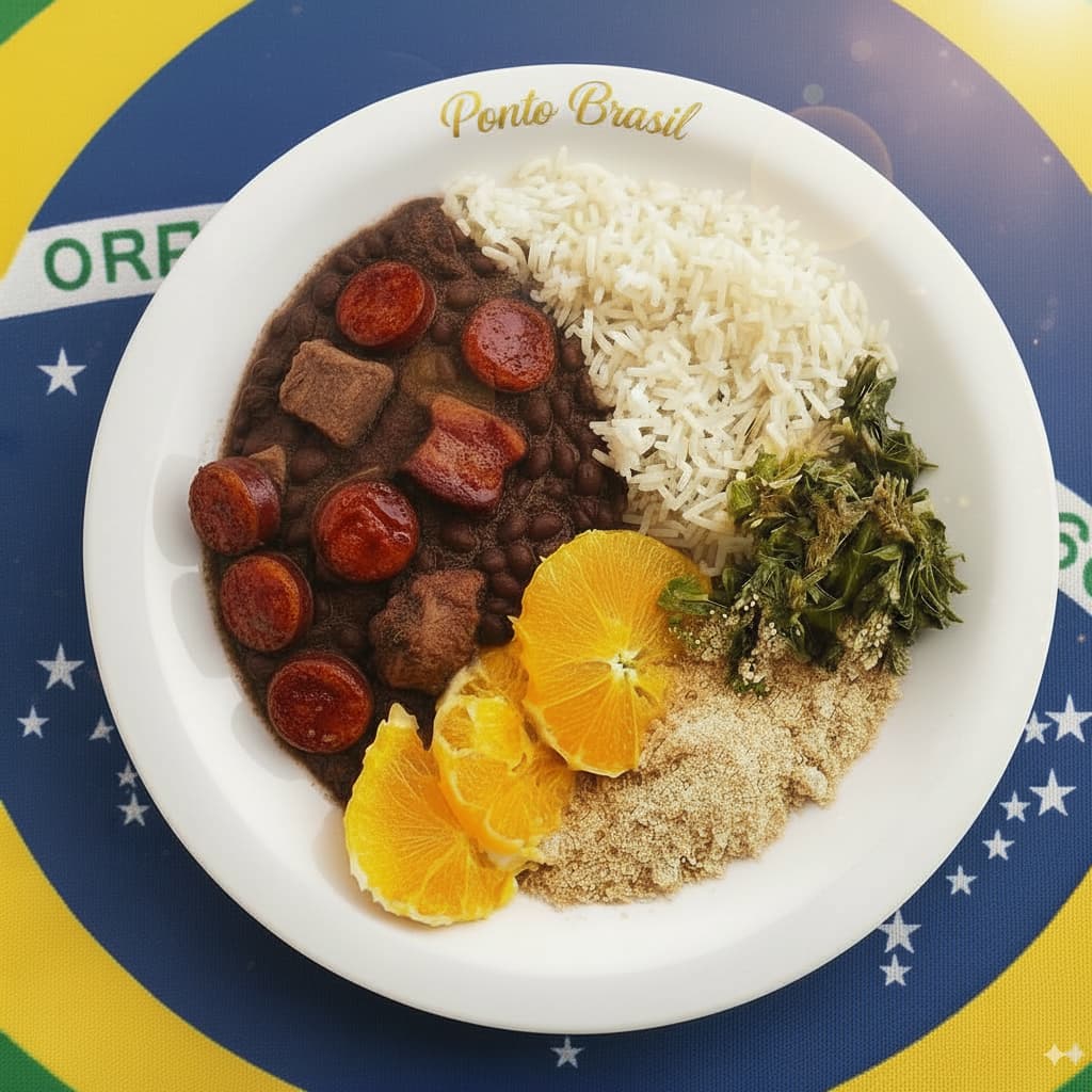 Feijoada Completa: frejol negro con carne, arroz, panceta, farofa, vinagreta, couve, plátano frito, torresmo y naranja.
