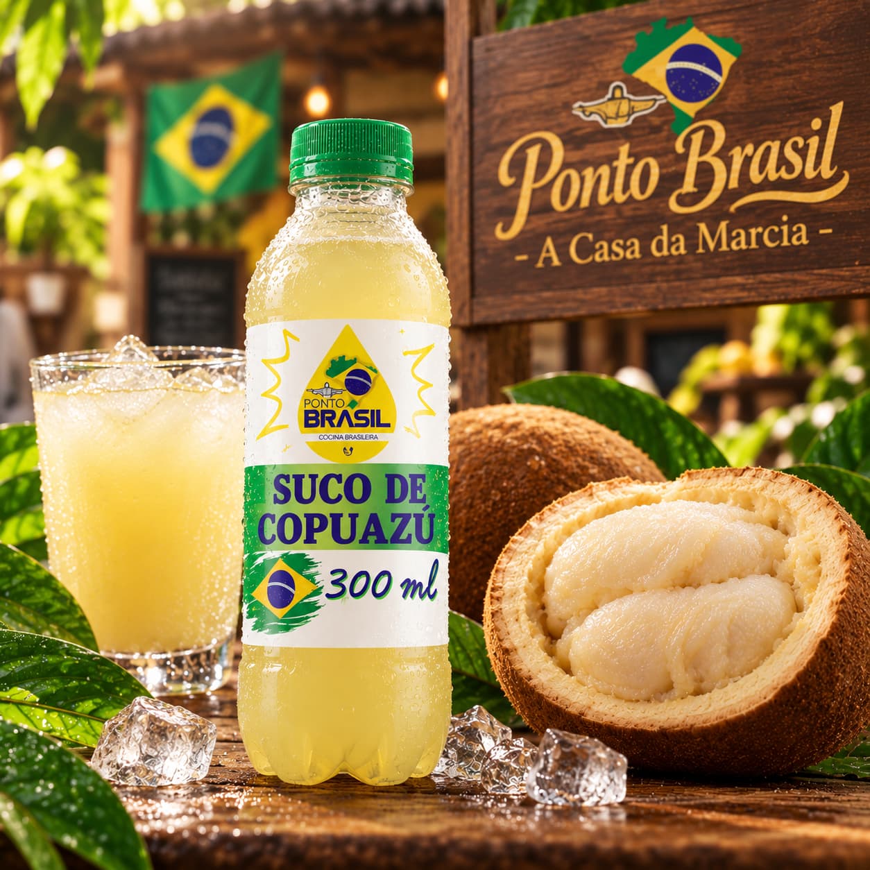 Pulpa de Copuazu hecha en jugo, servida en una botella de vidrio de 300 ml (da para 2 vasos).